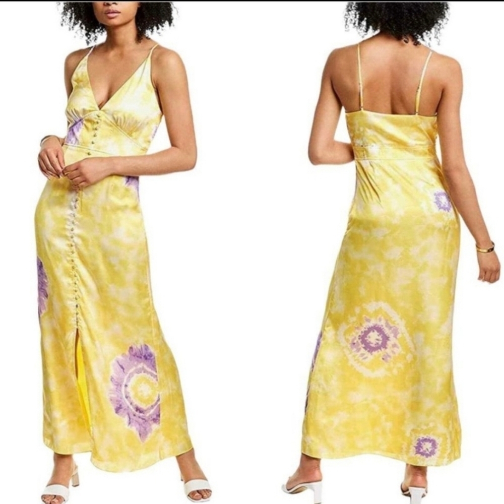 LINI Noelle Satin Maxi‎ Dress Yellow Purple Tie-Dye S Resortwear Vacation